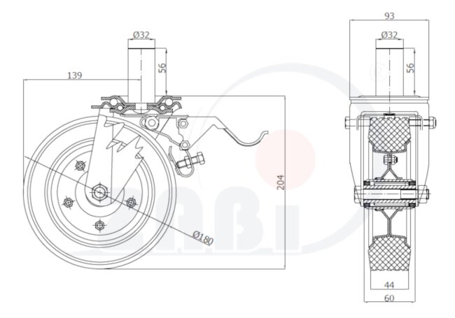 Koła i zestawy kołowe, Koła metalowo-gumowe, W obudowach z trzpieniem i hamulcem o symbolu 56NH*32