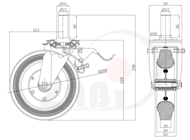 Koła i zestawy kołowe, Koła metalowo-gumowe, W obudowach z trzpieniem i hamulcem o symbolu 66H*27