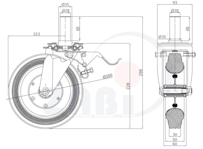 Koła i zestawy kołowe, Koła metalowo-gumowe, W obudowach z trzpieniem i hamulcem o symbolu 66H*28