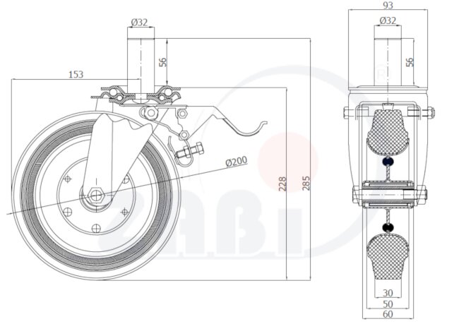 Koła i zestawy kołowe, Koła metalowo-gumowe, W obudowach z trzpieniem i hamulcem o symbolu 66H*32