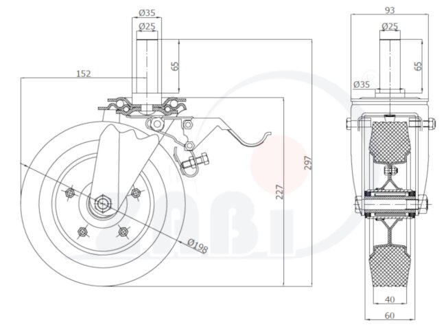 Räder und Rollen, Metallgummiräder, Lenkrollen mit Zapfen und Bremse mit dem Symbol 66NH*25