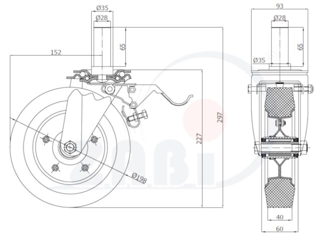 Koła i zestawy kołowe, Koła metalowo-gumowe, W obudowach z trzpieniem i hamulcem o symbolu 66NH*28