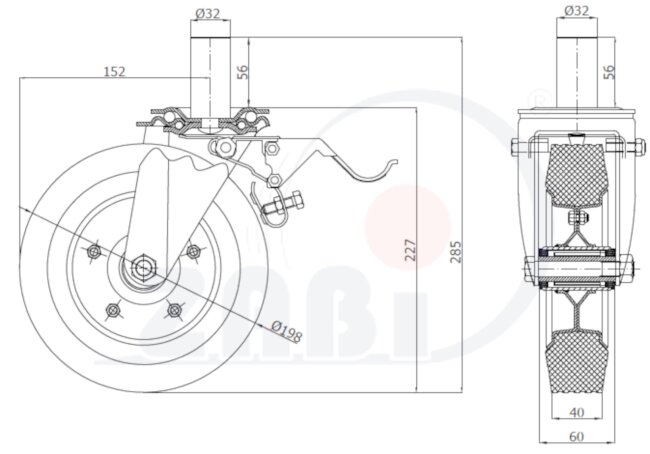 Koła i zestawy kołowe, Koła metalowo-gumowe, W obudowach z trzpieniem i hamulcem o symbolu 66NH*32