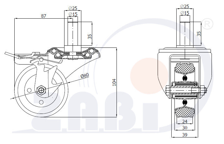 Räder und Rollen, Metallgummiräder, Lenkrollen mit Zapfen und Bremse mit dem Symbol 7SH*15
