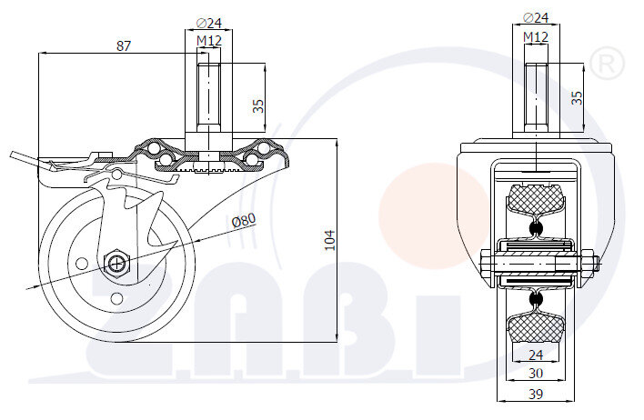 Räder und Rollen, Metallgummiräder, Lenkrollen mit Zapfen und Bremse mit dem Symbol 7SH*M12