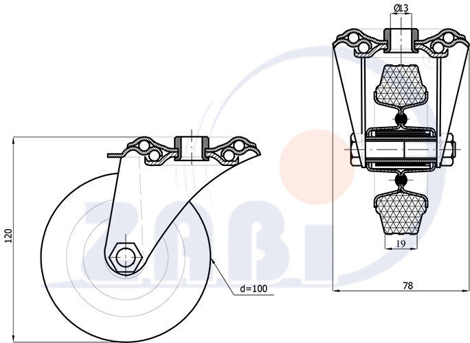 Колёса и наборы колёс, Колеса промышленные (металл +резина), С опорами с отверстием с обозначением 17