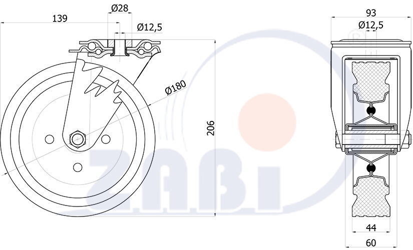 Колёса и наборы колёс, Колеса промышленные (металл +резина), С опорами с отверстием с обозначением 57