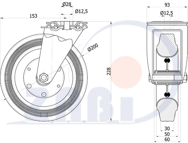 Колёса и наборы колёс, Колеса промышленные (металл +резина), С опорами с отверстием с обозначением 67