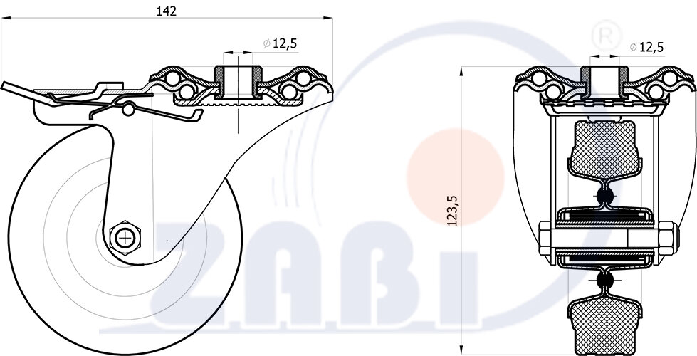 Колёса и наборы колёс, Колеса промышленные (металл +резина), С опорами с отверстием с тормозом с обозначением 17SH