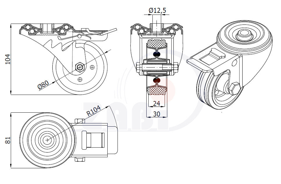 Колёса и наборы колёс, Колеса промышленные (металл +резина), С опорами с отверстием с тормозом с обозначением 8SH