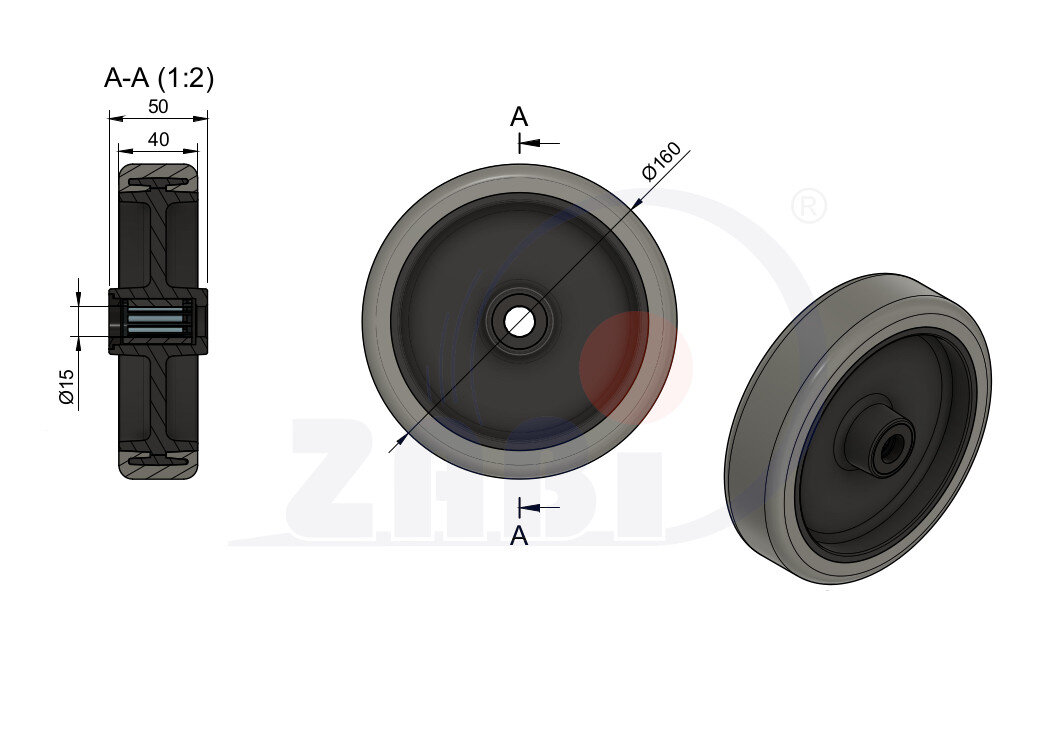 Räder und Rollen, Polypropylen-Polyurethanräder, Räder mit dem Symbol 40PPU/15