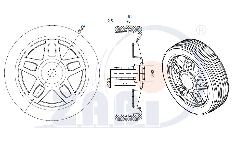 Koła i zestawy kołowe, Koła polipropylenowo-poliuretanowe, Koła o symbolu 99PPU/20