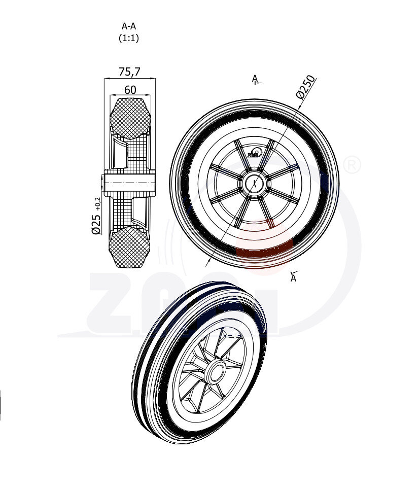 Räder und Rollen, Kunststoffgummiräder, Räder mit dem Symbol 99T/25