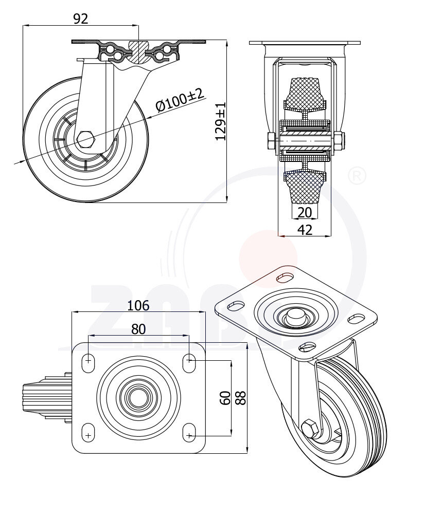 Колёса и наборы колёс, Колеса промышленные (пластик +резина), С поворотными опорами с обозначением 12LT