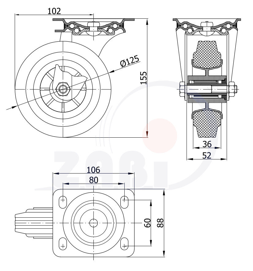 Колёса и наборы колёс, Колеса промышленные (пластик +резина), С поворотными опорами с обозначением 22MT