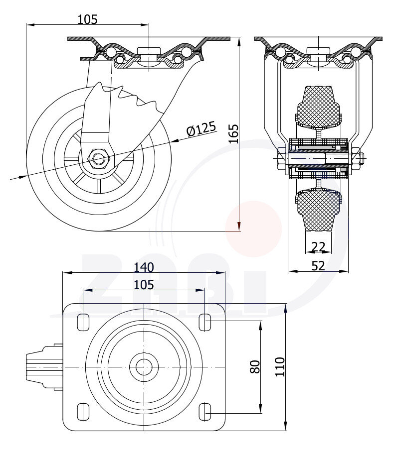 Колёса и наборы колёс, Колеса промышленные (пластик +резина), С поворотными опорами с обозначением 22T