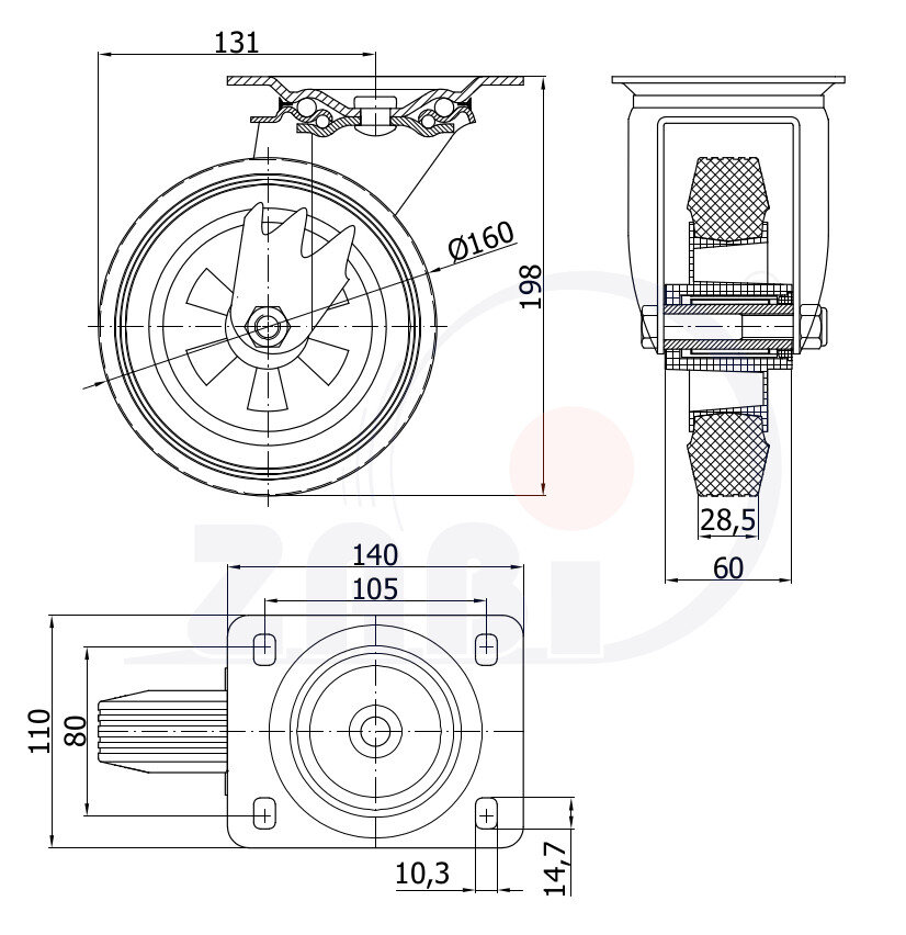 Колёса и наборы колёс, Колеса промышленные (пластик +резина), С поворотными опорами с обозначением 42T