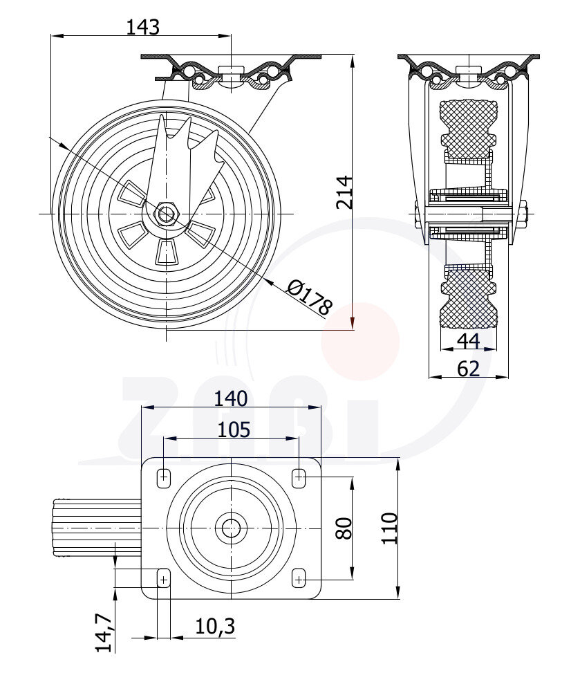 Колёса и наборы колёс, Колеса промышленные (пластик +резина), С поворотными опорами с обозначением 52T