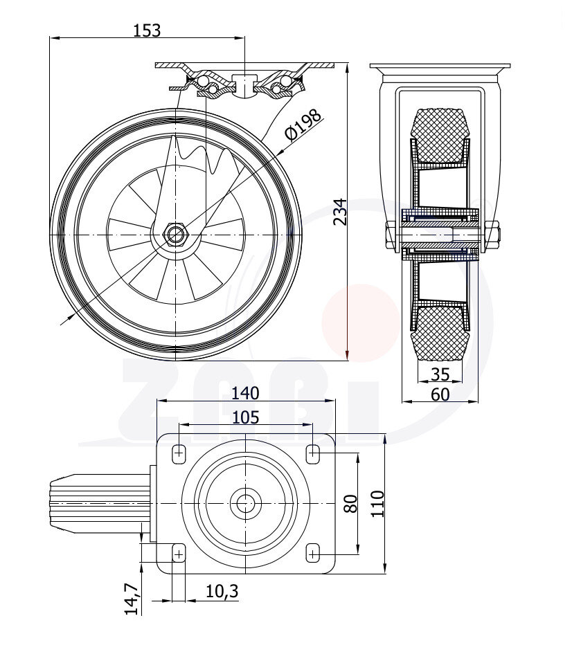 Колёса и наборы колёс, Колеса промышленные (пластик +резина), С поворотными опорами с обозначением 62T