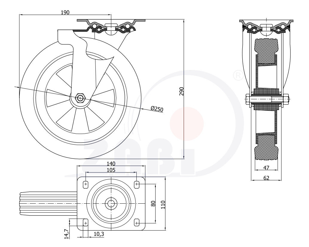 Räder und Rollen, Kunststoffgummiräder, Lenkrollen mit Platte mit dem Symbol 92T