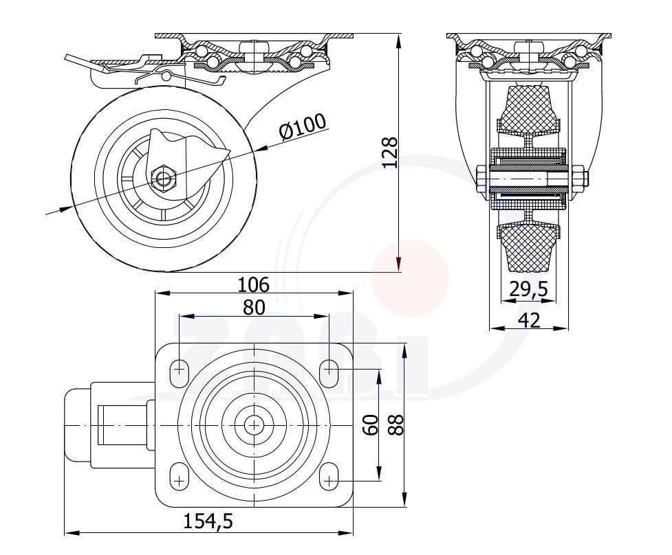 Колёса и наборы колёс, Колеса промышленные (пластик +резина), С поворотными опорами с тормозом с обозначением 15TH