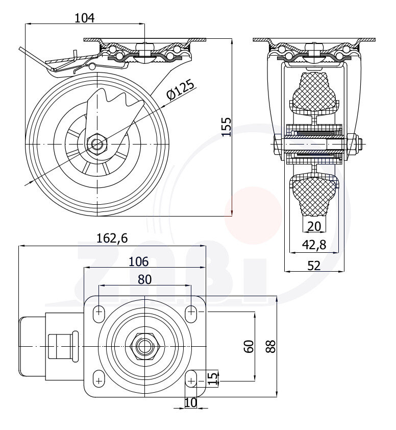 Колёса и наборы колёс, Колеса промышленные (пластик +резина), С поворотными опорами с тормозом с обозначением 25MTH