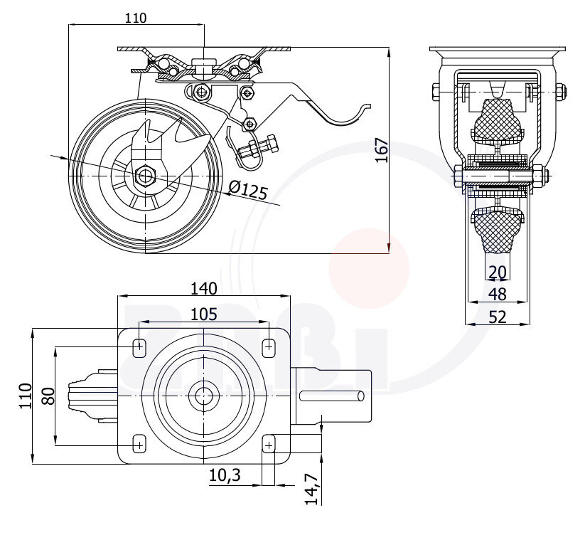 Колёса и наборы колёс, Колеса промышленные (пластик +резина), С поворотными опорами с тормозом с обозначением 25TH