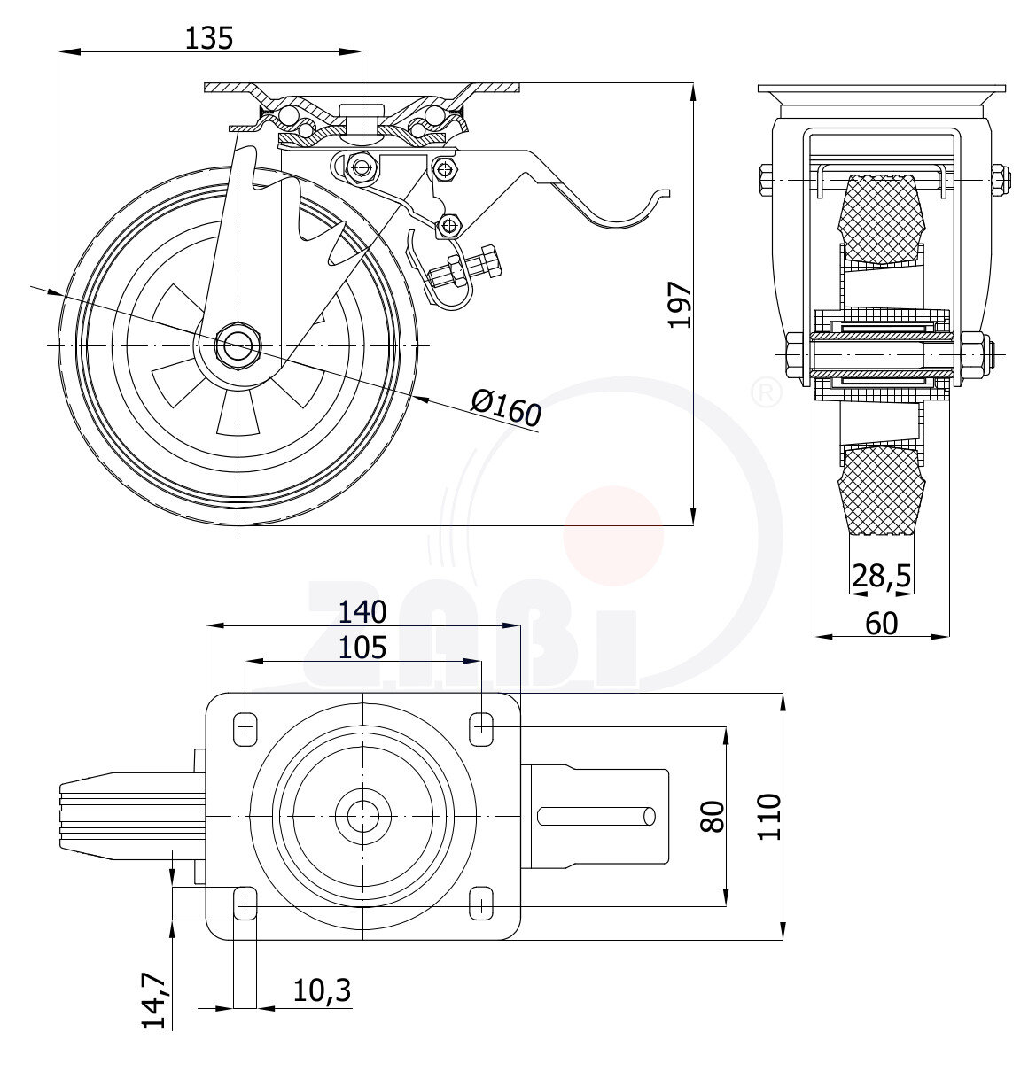 Колёса и наборы колёс, Колеса промышленные (пластик +резина), С поворотными опорами с тормозом с обозначением 45TH