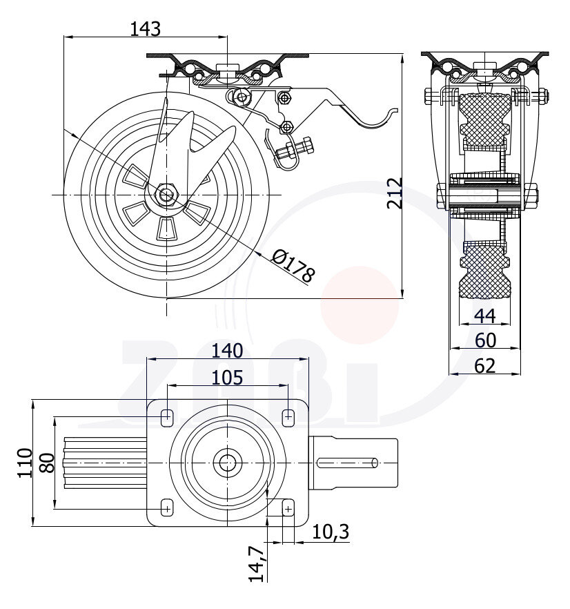 Колёса и наборы колёс, Колеса промышленные (пластик +резина), С поворотными опорами с тормозом с обозначением 55TH
