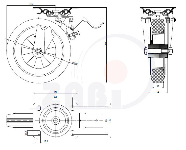Räder und Rollen, Kunststoffgummiräder, Lenkrollen mit Platte und Bremse mit dem Symbol 65T9H