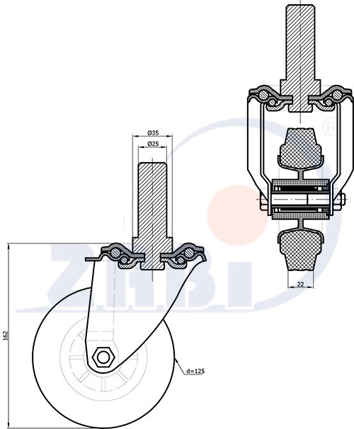 Räder und Rollen, Kunststoffgummiräder, Lenkrollen mit Zapfen mit dem Symbol 24T*25