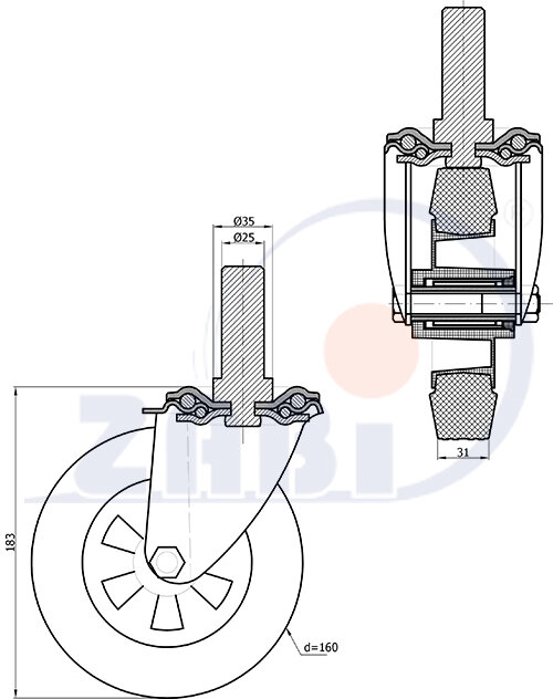 Колёса и наборы колёс, Колеса промышленные (пластик +резина), С опорами со штекером с обозначением 44T*25