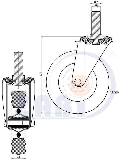 Räder und Rollen, Kunststoffgummiräder, Lenkrollen mit Zapfen mit dem Symbol 54T*25