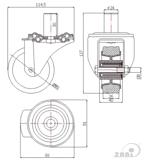 Колёса и наборы колёс, Колеса промышленные (пластик +резина), С опорами со штекером с обозначением 5T*24