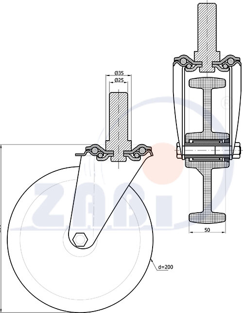 Räder und Rollen, Kunststoffgummiräder, Lenkrollen mit Zapfen mit dem Symbol 64T*25