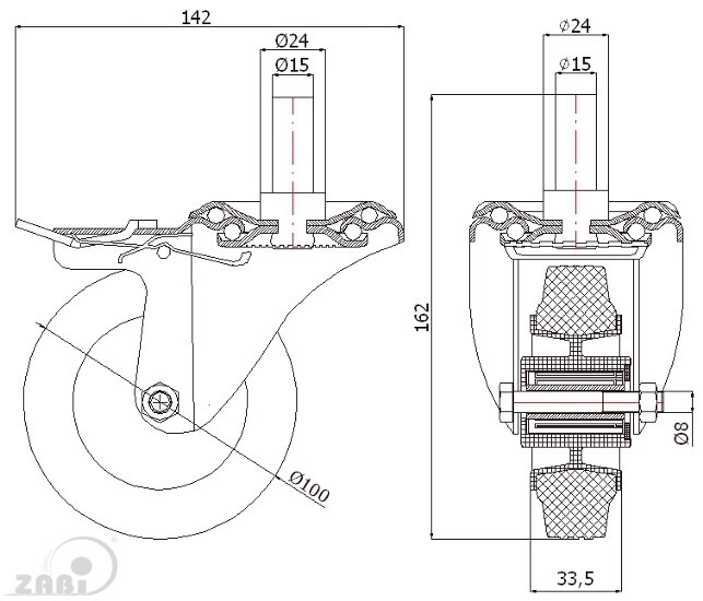 Колёса и наборы колёс, Колеса промышленные (пластик +резина), С опорами со штекером и тормозом с обозначением 16TH*15