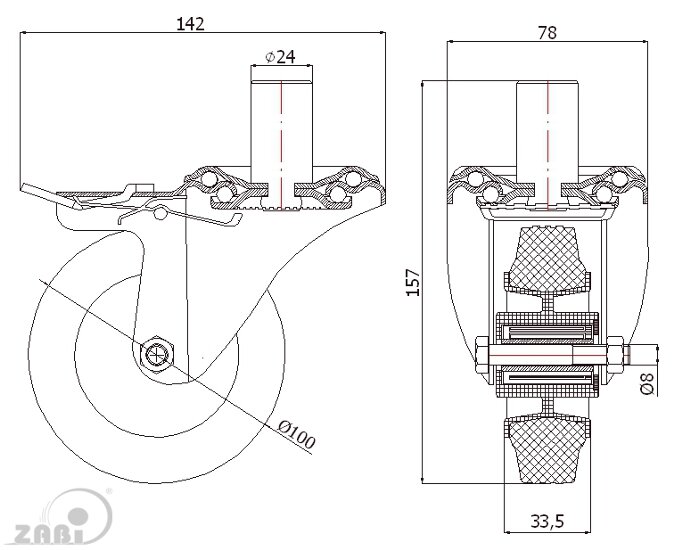 Колёса и наборы колёс, Колеса промышленные (пластик +резина), С опорами со штекером и тормозом с обозначением 16TH*24