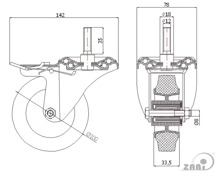 Колёса и наборы колёс, Колеса промышленные (пластик +резина), С опорами со штекером и тормозом с обозначением 16TH*M12