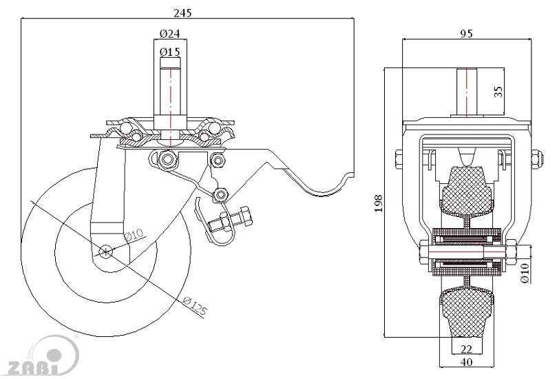Räder und Rollen, Kunststoffgummiräder, Lenkrollen mit Zapfen und Bremse mit dem Symbol 26MTH*15