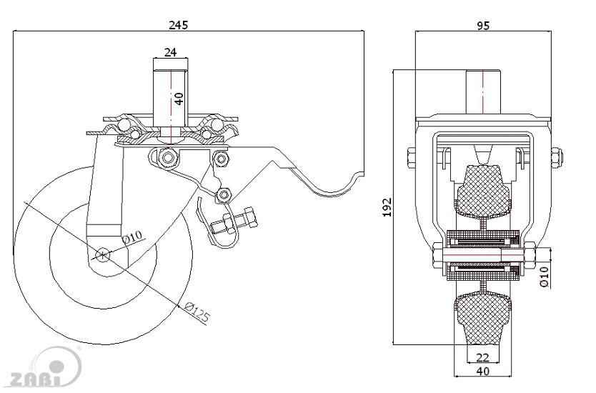 Räder und Rollen, Kunststoffgummiräder, Lenkrollen mit Zapfen und Bremse mit dem Symbol 26MTSH*24