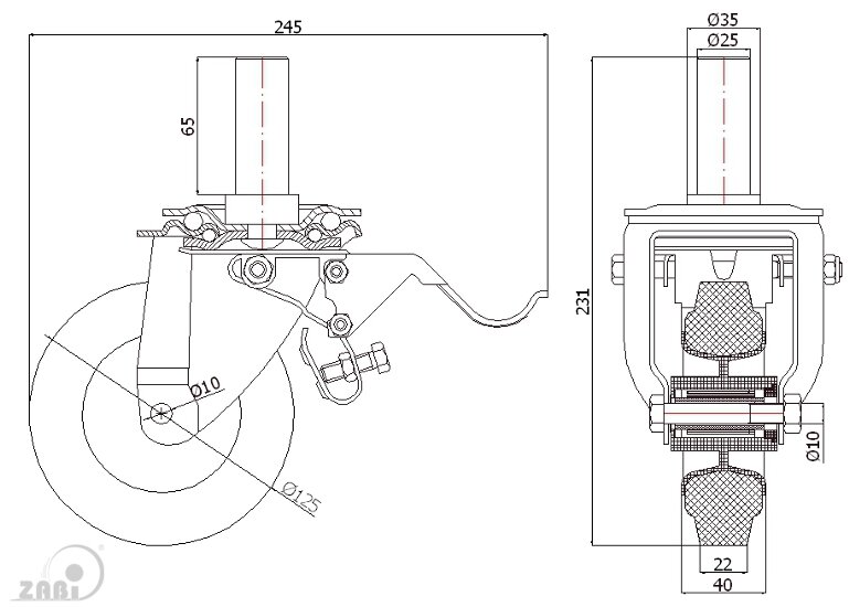 Räder und Rollen, Kunststoffgummiräder, Lenkrollen mit Zapfen und Bremse mit dem Symbol 26TH*25
