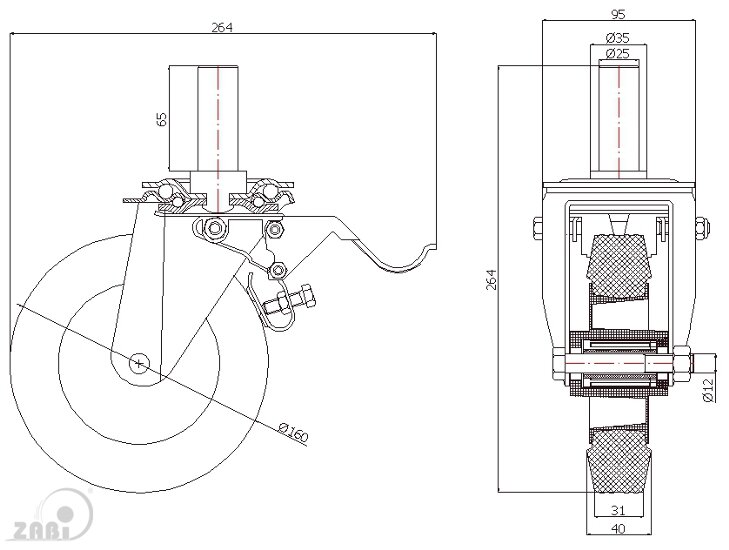 Колёса и наборы колёс, Колеса промышленные (пластик +резина), С опорами со штекером и тормозом с обозначением 46TH*25