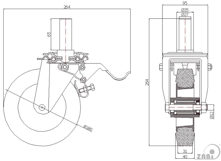 Räder und Rollen, Kunststoffgummiräder, Lenkrollen mit Zapfen und Bremse mit dem Symbol 46TH*27