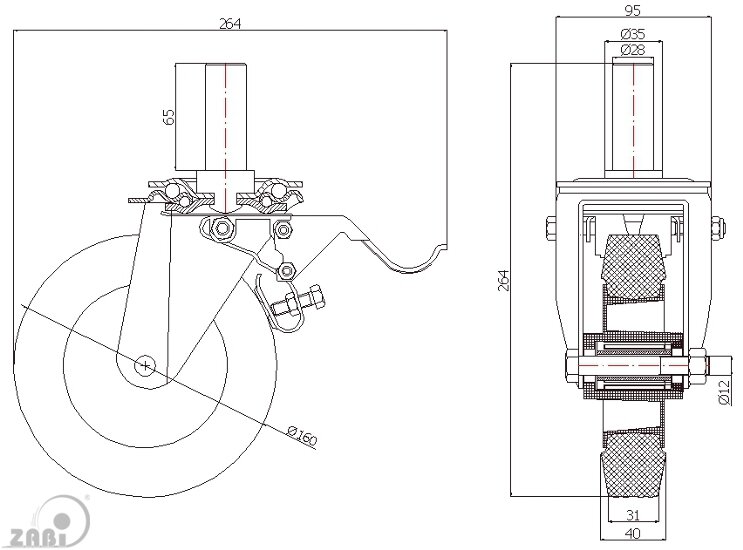 Räder und Rollen, Kunststoffgummiräder, Lenkrollen mit Zapfen und Bremse mit dem Symbol 46TH*28