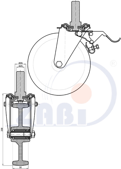 Колёса и наборы колёс, Колеса промышленные (пластик +резина), С опорами со штекером и тормозом с обозначением 66TH*25