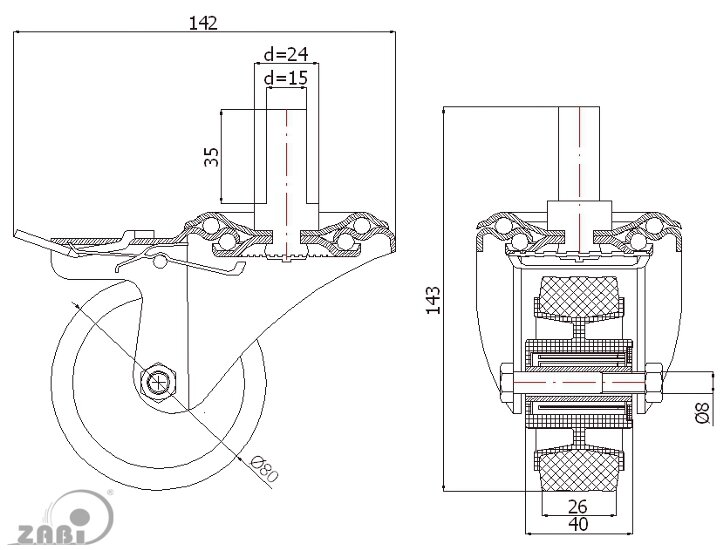 Колёса и наборы колёс, Колеса промышленные (пластик +резина), С опорами со штекером и тормозом с обозначением 7TH*15
