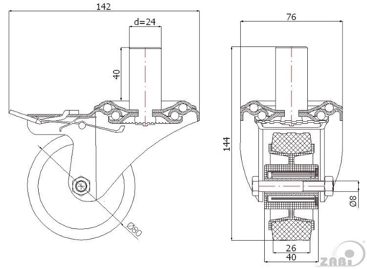 Колёса и наборы колёс, Колеса промышленные (пластик +резина), С опорами со штекером и тормозом с обозначением 7TSH*24