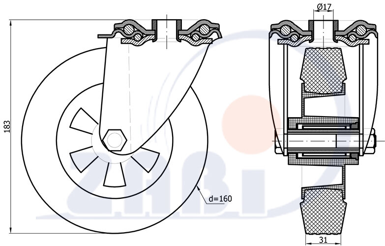 Колёса и наборы колёс, Колеса промышленные (пластик +резина), С опорами с отверстием с обозначением 47T