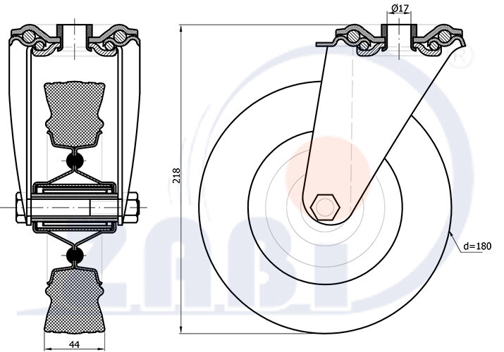 Räder und Rollen, Kunststoffgummiräder, Lenkrollen mit Rückenloch mit dem Symbol 57T