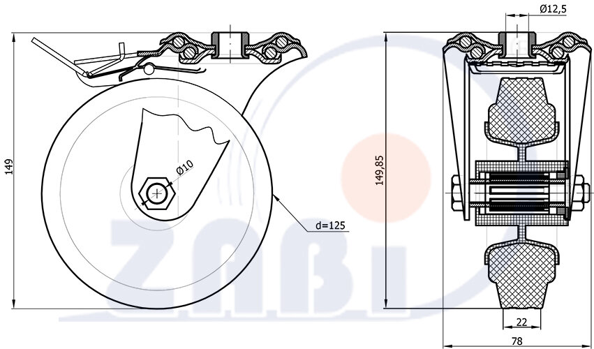 Колёса и наборы колёс, Колеса промышленные (пластик +резина), С опорами с отверстием с тормозом с обозначением 27MTH